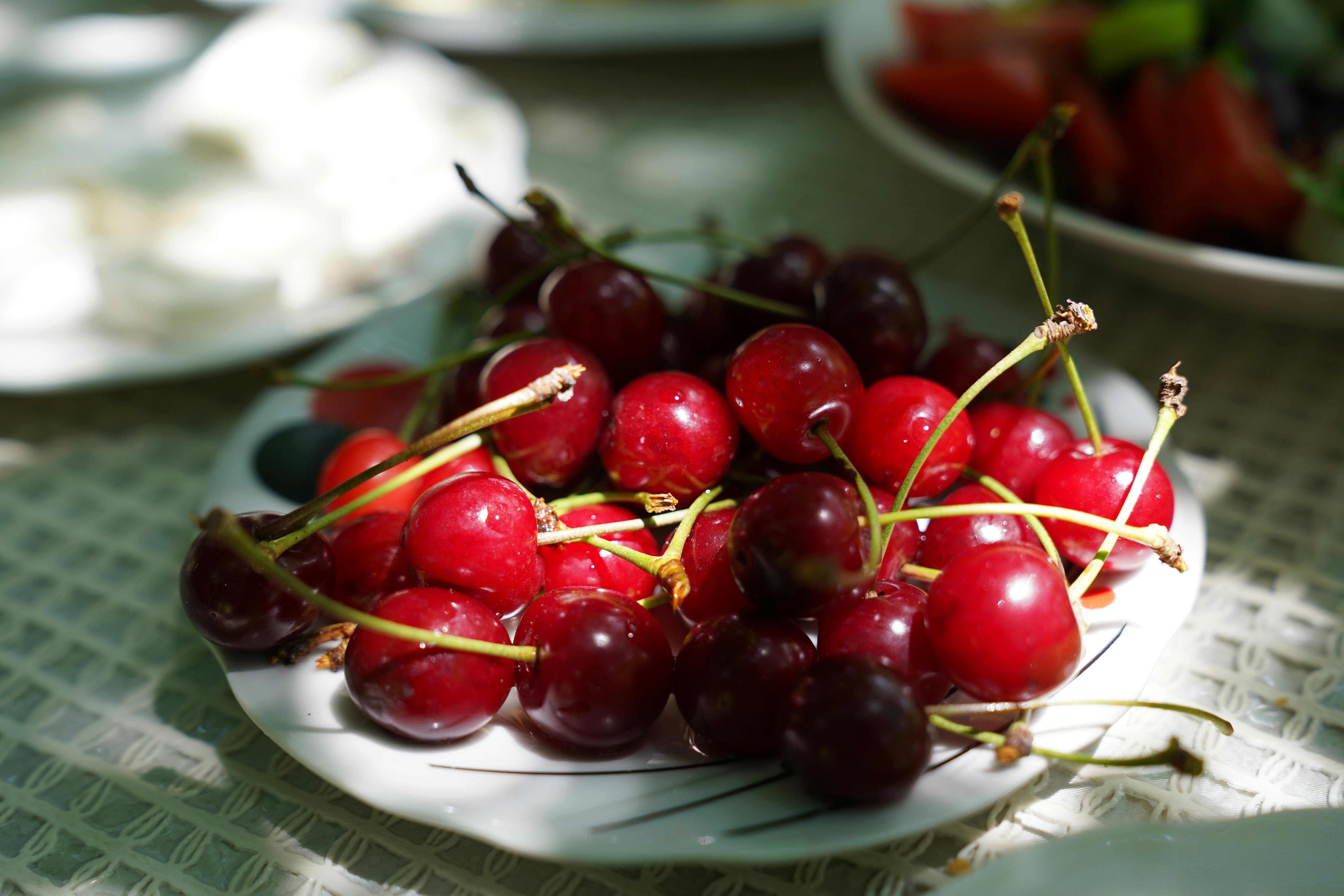 Red cherries on a white plate